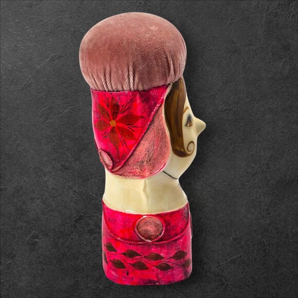 Vintage Papier-Mâché Lady Head Pin Cushion, Gemma Taccogna Style, 8" Pink MCM - Picture 5 of 12